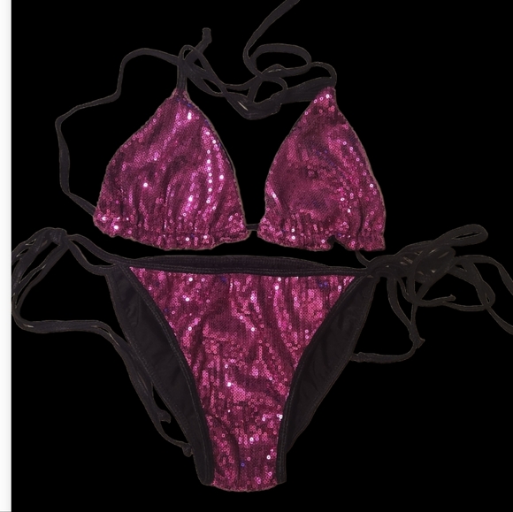 Metallic HOT PINK SEQUIN LITTLE TINY BIKINI. - Picture 3 of 7